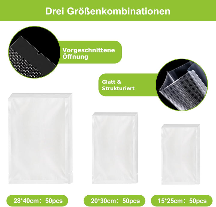 Bonsenkitchen Vakuumierbeutel 150 Beutel - 15x25 cm (50)+20x30 cm (50)+ 28x40 cm (50), für jede Grös