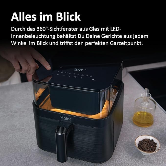Haier Heissluftfritteuse 7L mit 360° Glas-Sichtfenster I 8-in-1: Frittieren, Grillen, Braten, Backen