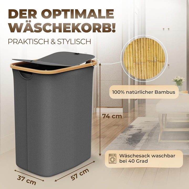 Wäschekorb mit 2 Deckel 2 Fächer 150 Liter Bambus-Stoff Grau Gross XXL - Wäschekorb Grau Dunkelgrau