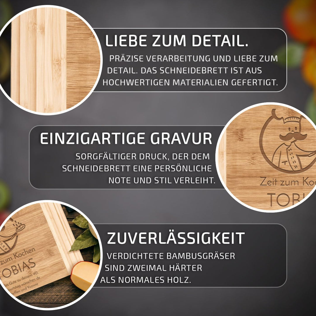 Maverton Bambus Schneidebrett mit Gravur - Servierbrett - Brotzeitbrett massiv - Grösse: 35x25 cm -