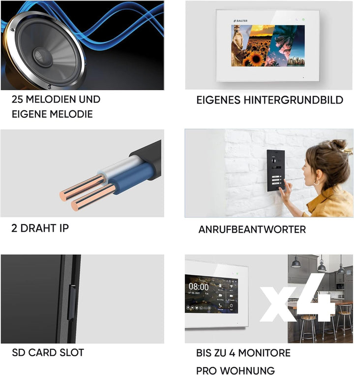 BALTER EVO-HD Video Türsprechanlage, Video Türklingel mit Kamera, 1 Familienhaus Klingel, 2X 7 Zoll