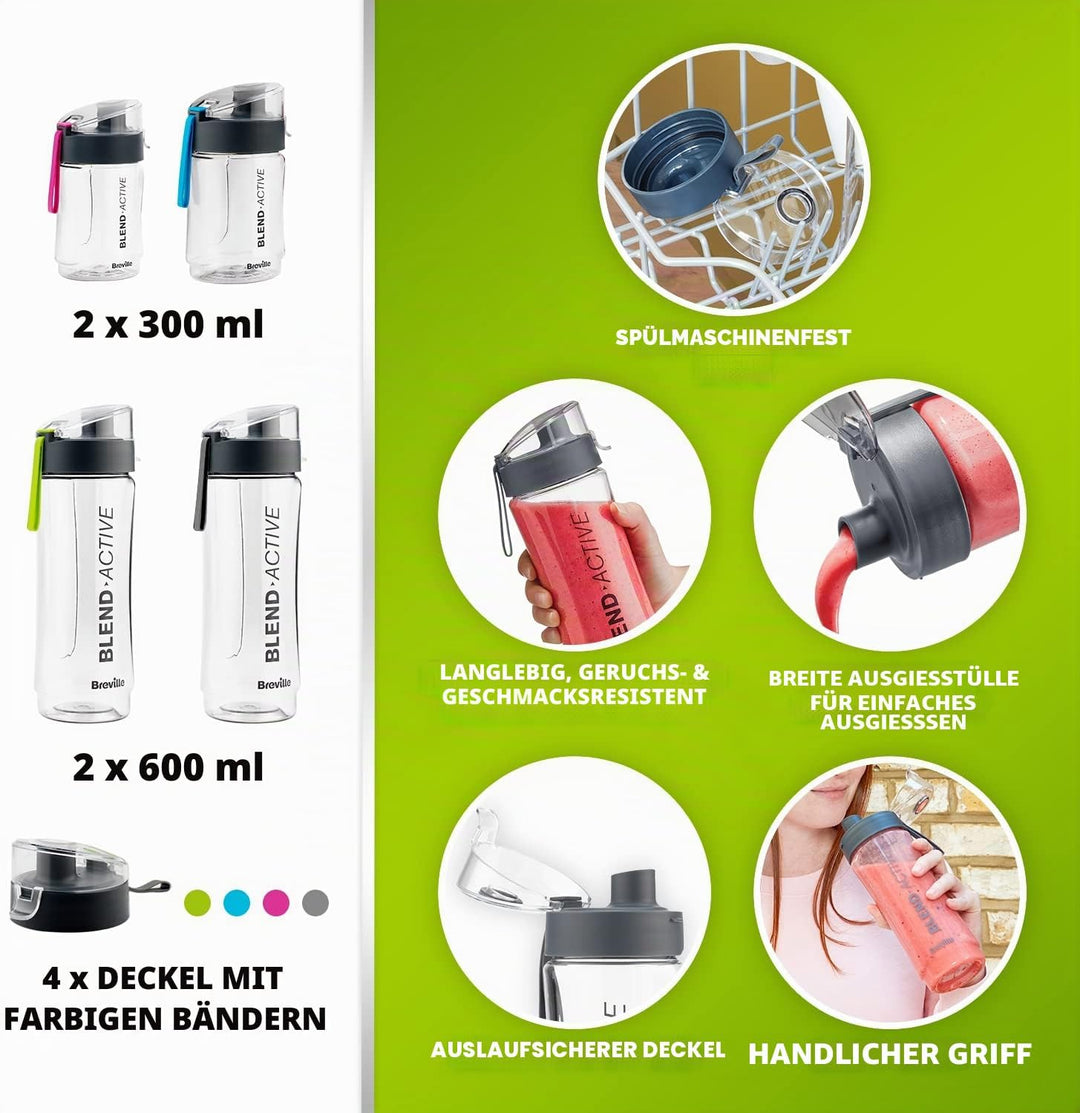 Breville Blend Active VBL252 persönlicher Mixer und Smoothie-Maker, 350 W, Familienpackung, 4 tragba