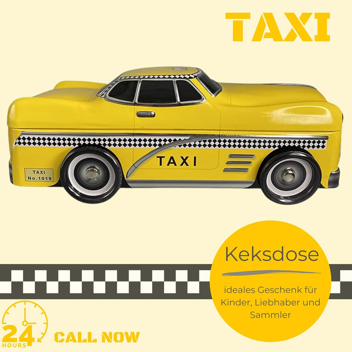 MediMuc Taxi mit drehbaren Rädern - Keksdose, Geschenkdose, Retrodose, Blechdose - lebensmittelecht