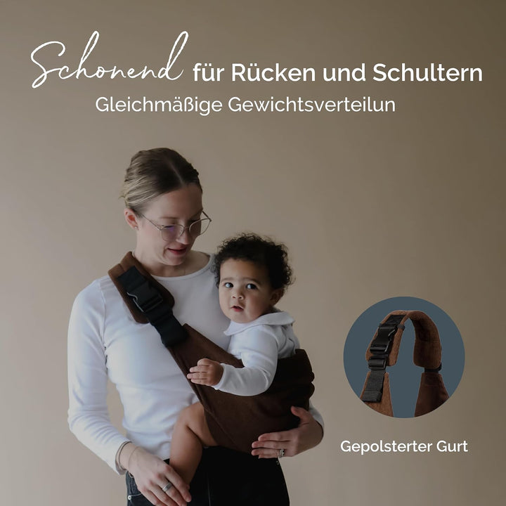 Boba Buddy Kleinkindtrage, Baumwolle, Seiten- &amp; Hüfttrage, Cord Braun | Schnell übergeworfen, mit Si