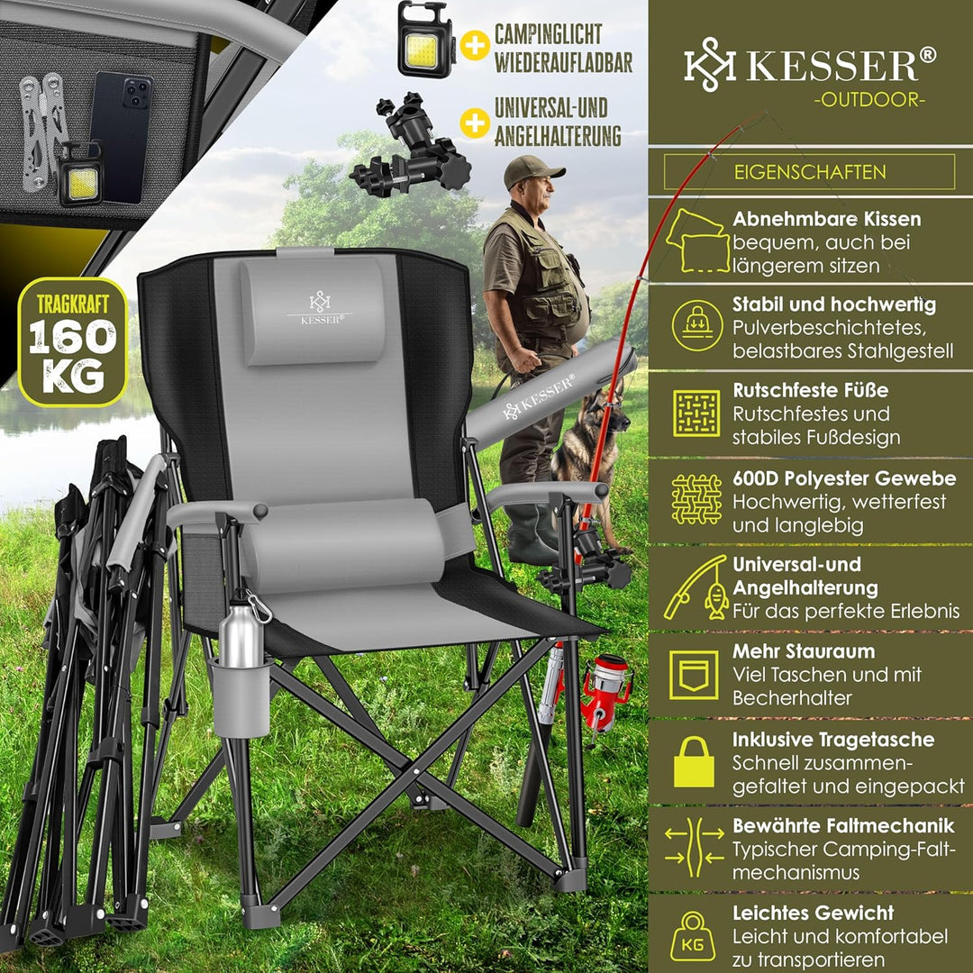 KESSER® Campingstuhl faltbar bis 160 kg | Angelstuhl Faltstuhl Klappstuhl Gepolstert mit Armlehnen |