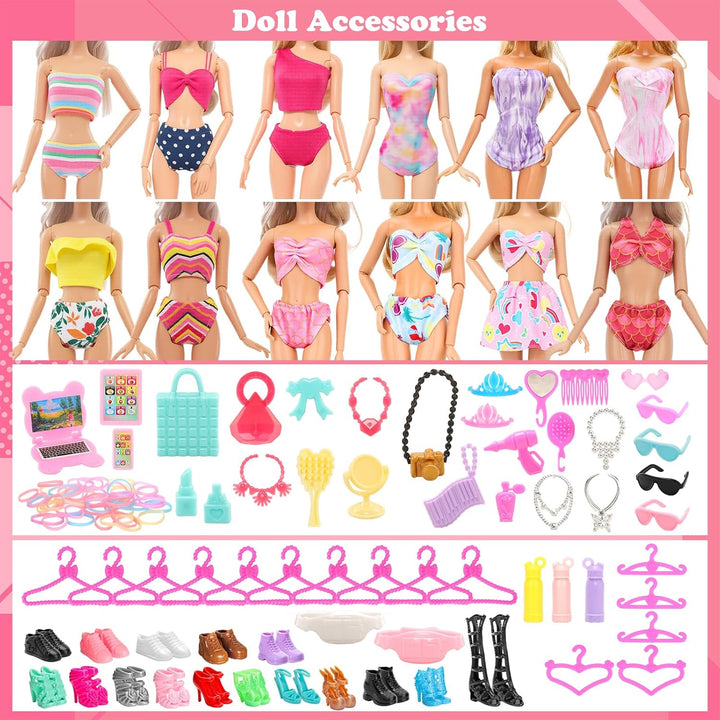 82 Stück Puppenzubehör 5 Abendkleider 3 Outfits 8 Kleider 2 Badeanzüge 15 Schuhe und 49 Puppenzubehö
