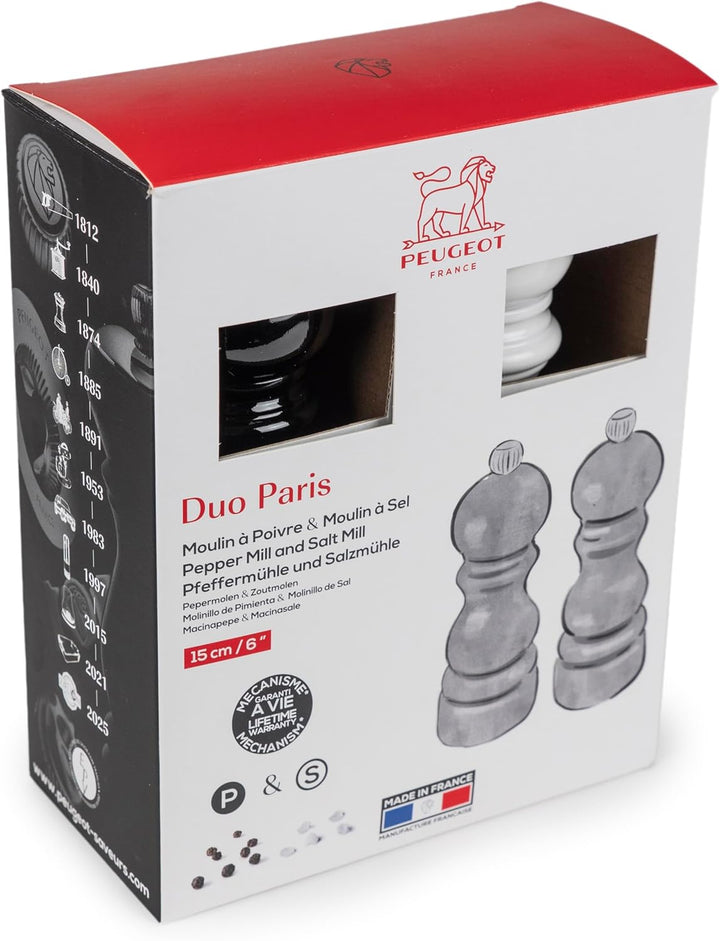 PEUGEOT – Duo Paris – Pfeffermühle + Salzmühle 15 cm – Klassische Einstellung – Aufbereitetes Holz m
