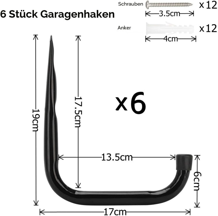 pipabiba 17 cm Garagen-Leiterhaken, 6 Stück, robuste Wandhalterung, Organizer für Klappstühle, Fahrr