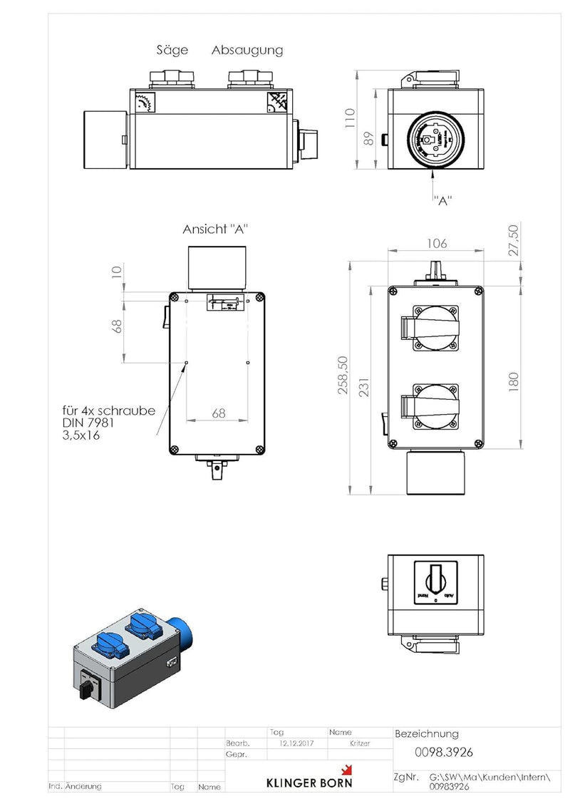 KlingerBorn Einschaltautomatik 1Ph-230V, mit Kragenstecker, mit Wahlschalter Hand-Aus-Auto, festen V