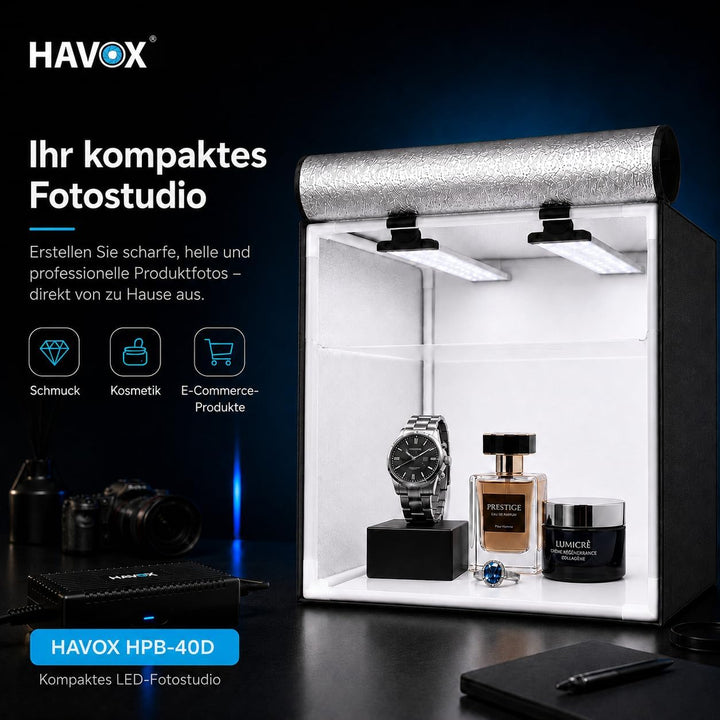 HAVOX - Fotostudio HPB-40D - Masse 40x40x40cm - Dimmbare LED-Beleuchtung Tageslicht 5500k - 13,000 L