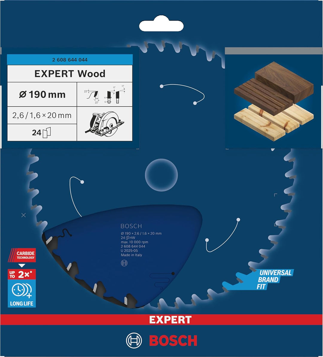 Bosch Professional 1x Kreissägeblatt Expert for Wood (Holz, Sägeblatt Ø 190 x 20 x 2,6 mm, 24 Zähne,