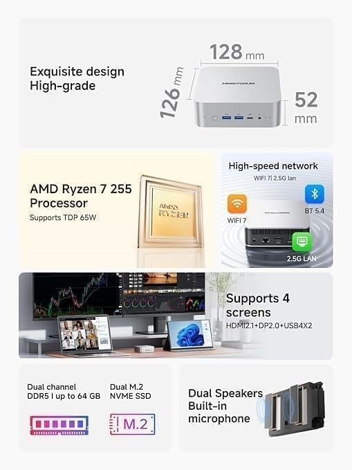 MINIS FORUM AI X1 Mini PC, AMD Ryzen 7 255 8 Kerne 16 Threads Prozessor bis zu 4,9 GHz, AMD Radeon 7