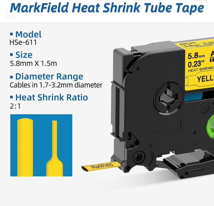 MarkField Kompatible Schriftband Schrumpfschlauch HSe-611 HSe611 5.8mm Bänder Schwarz auf Gelb Kompa