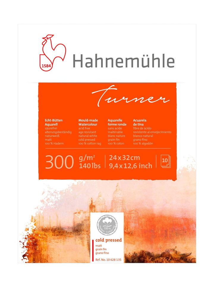 Turner Aquarellblock, 100% mattes Hadern Papier, 300 g/m², naturweiss, 10 Blatt, 24x32 cm, 24x32 cm