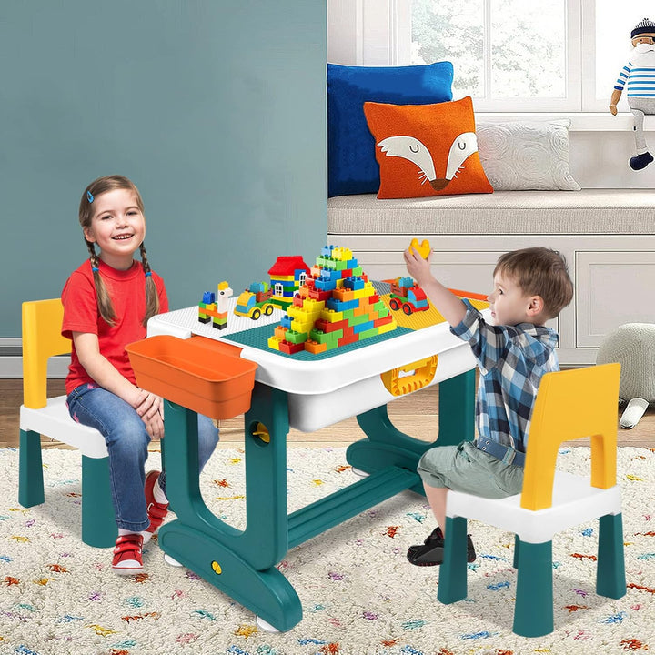 6-in-1 Kindertisch mit 2 Stühle, Kinder Spieltisch mit 300 Bausteinen, Doppelseitiger Tischplatte, M