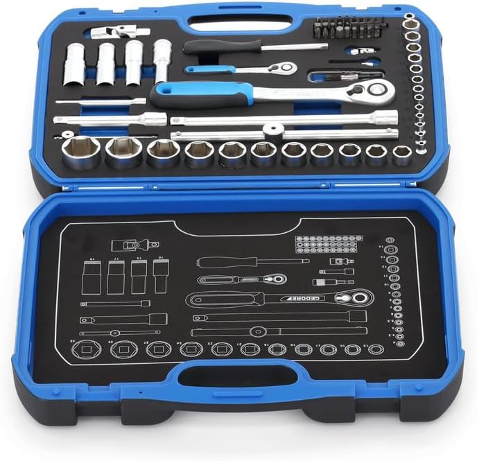 GEDORE Steckschlüsselsatz, Set 69-teilig, 1/4 + 1/2 Zoll, Werkzeug, Nüsse Knarre Bits, für KFZ, 19 B