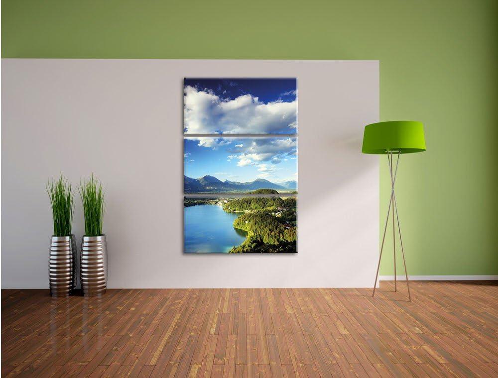 Pixxprint See mit Insel Landschaft 3-Teiler Leinwandbild 120x80 Bild auf Leinwand