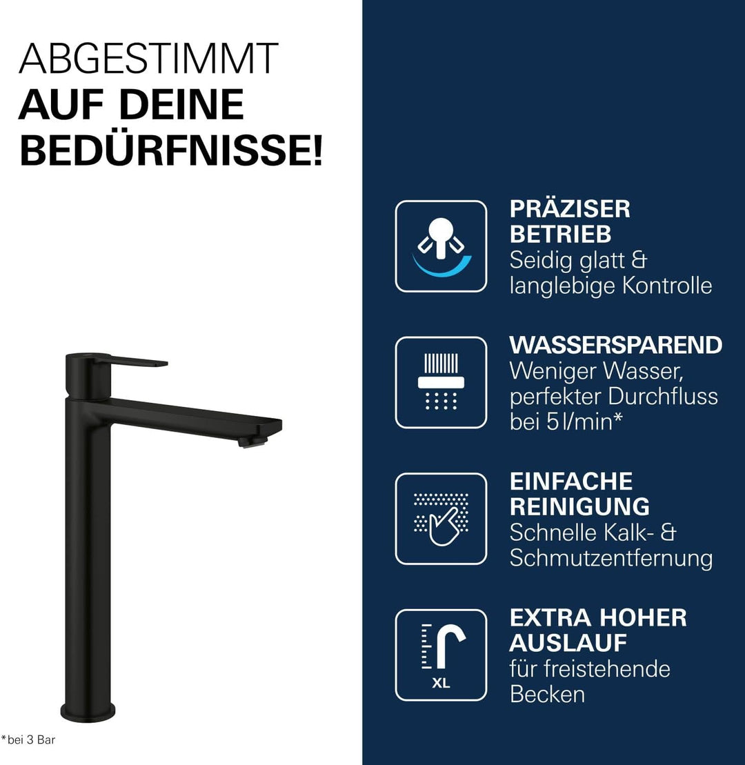 GROHE Lineare, Waschtischarmatur hoch, wassersparend (Wasserhahn für das Bad, 31cm hoch, ideal für d
