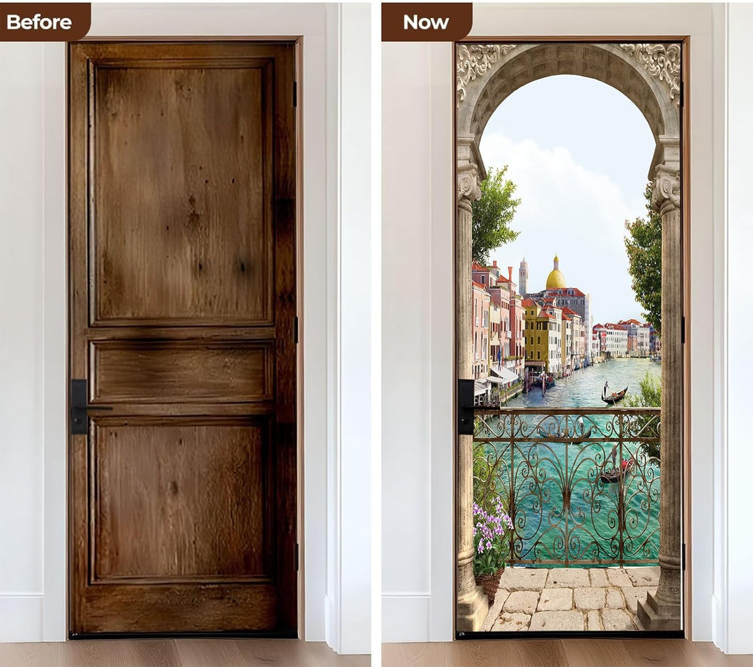 FLFK 3D Italien Flussseitenstadt Wohnzimmer Türtapete Wandbilder Selbstklebend Tür Poster Vinyl Entf
