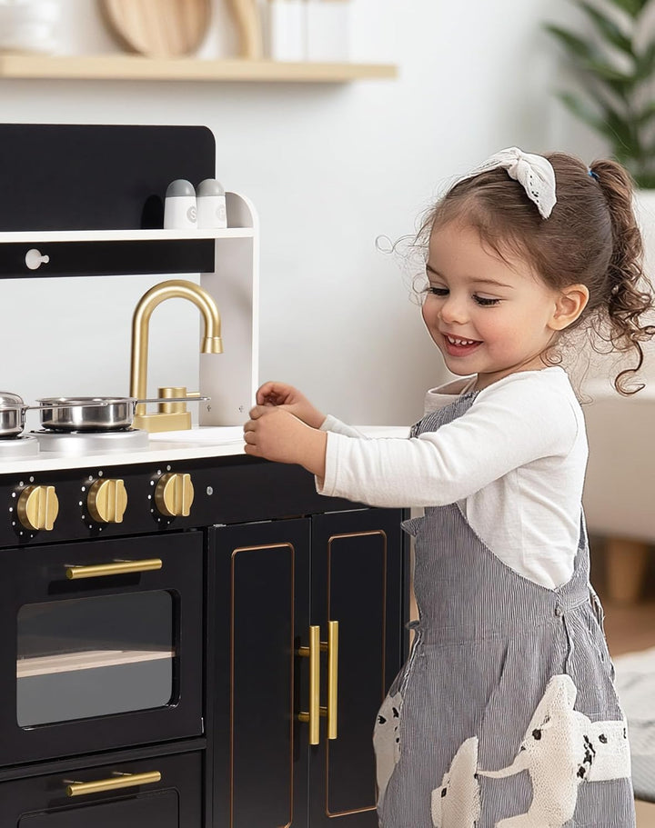 ROBUD Spielküche Holz für Kinder, Modern Marmor-Stil Kinderküche mit Realistischem Ofen, Herd & Kaff