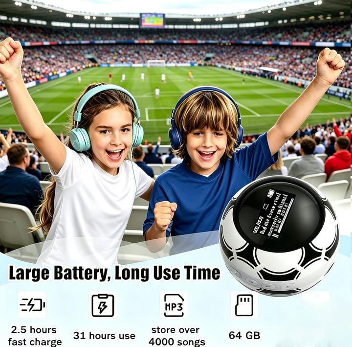 64 GB MP3 Player Kinder, MP3 Player Bluetooth 5.0, Mini Fussball Musik Player mit Kopfhörer, mp3-pla