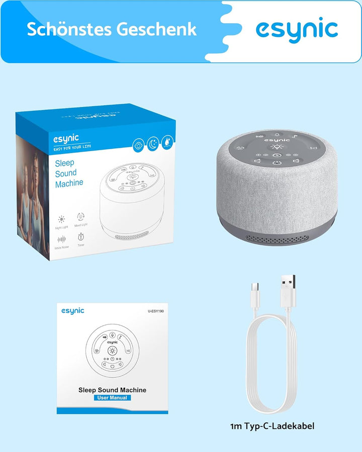 eSynic White Noise Machine Baby Weisses Rauschen Einschlafhilfe LED Stilllicht mit 30 Klänge & 7 Far