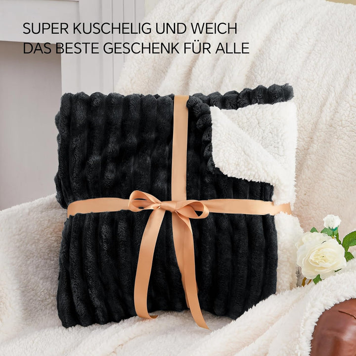 BEDELITE warme Decke Sherpa Kuscheldecke Flauschig Schwarz XXL 220x240 | dicke Deko Fleecedecke, Cor