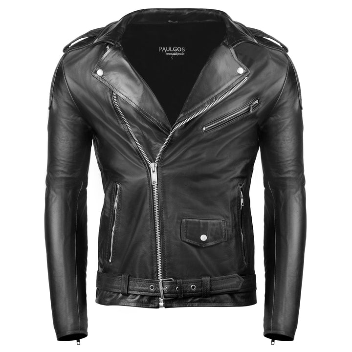 PAULGOS Herren Biker Lederjacke Echtes Leder Jacke Echtleder in 3 Farben Gr. S-5XL (XXL, Schwarz)