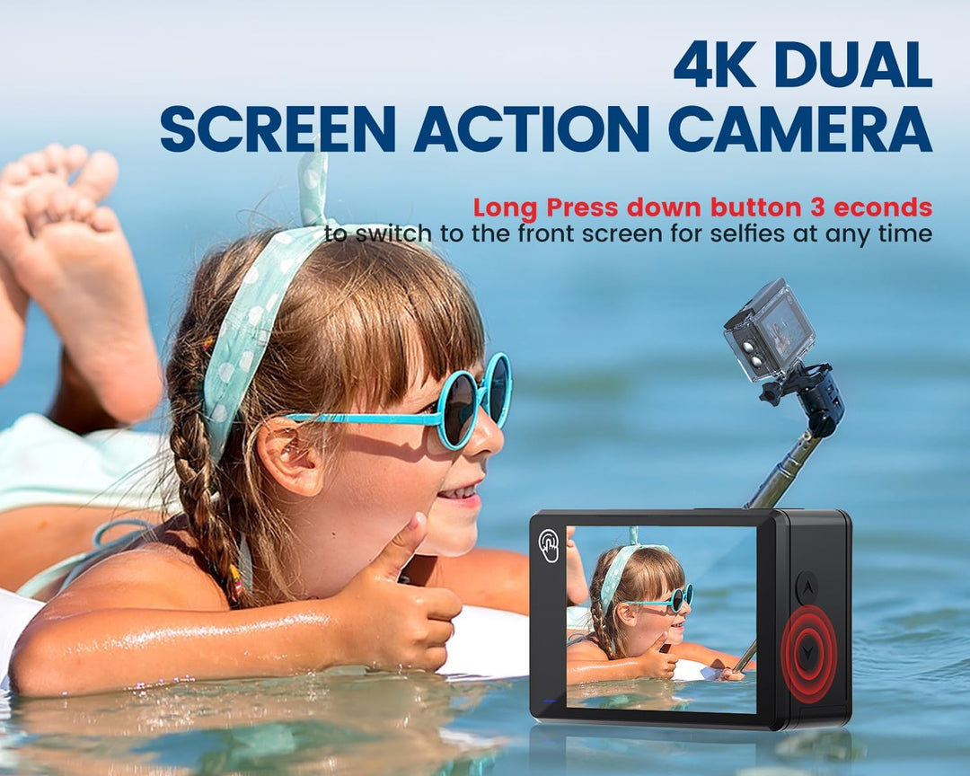 Dual Screen Action Cam 4K Mit 64GB Karte, 48MP WiFi ActionKameras, 40M Unterwasserkamera Mit EIS,170