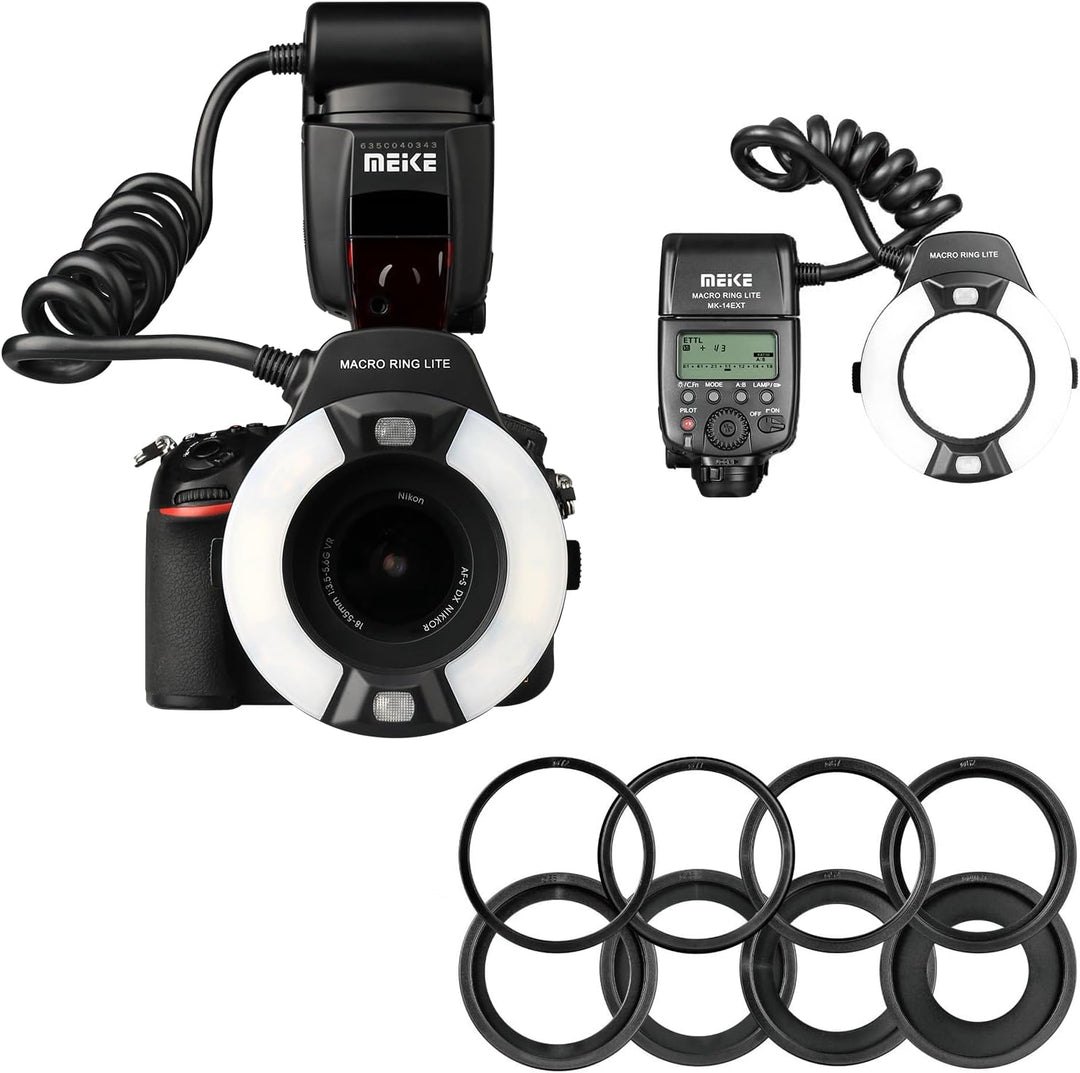 Meike MK-14EXT-N E-TTL Makro LED Ringblitz mit LED AF Assist Lampe für Nikon DSLR Kamera