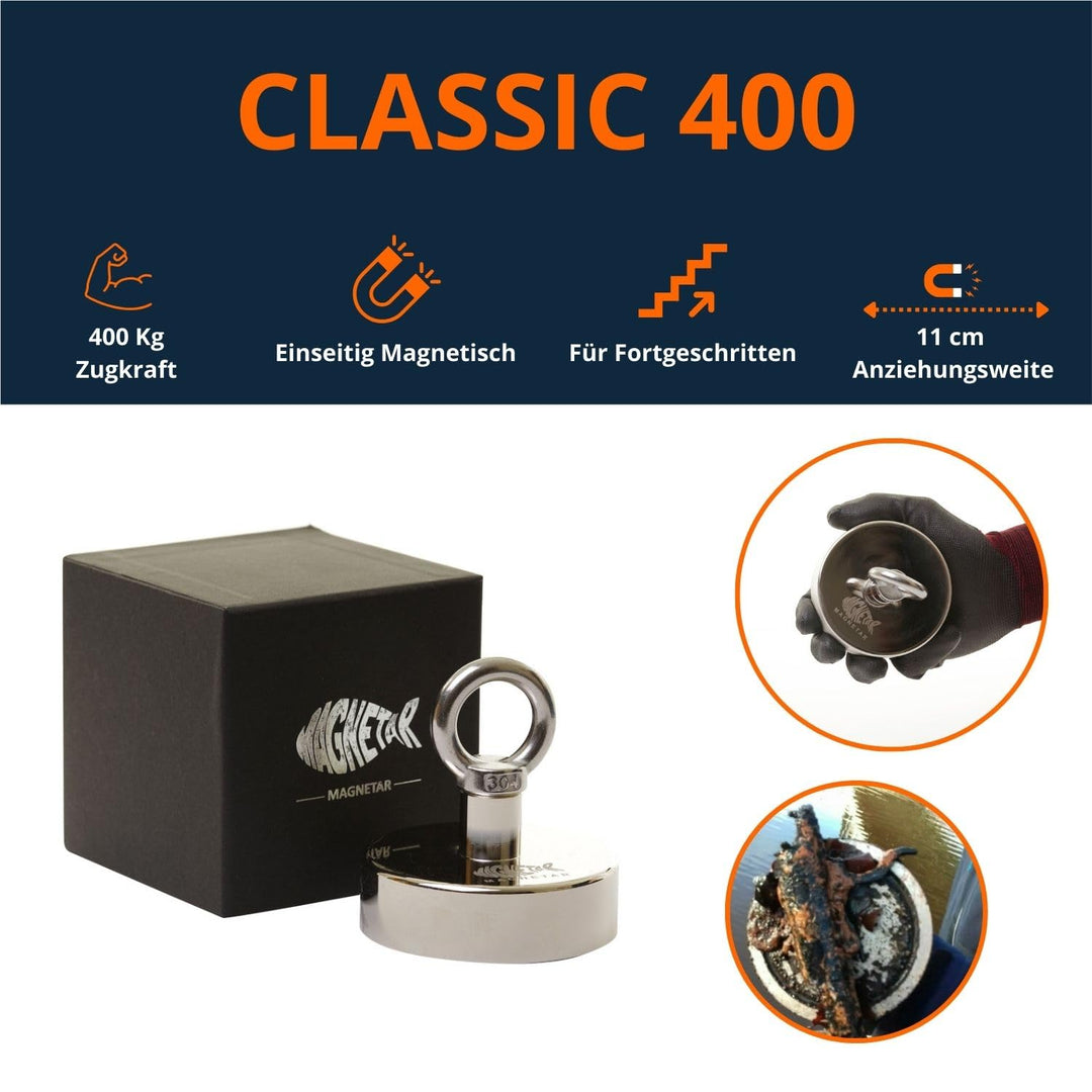 Magnetfischen Set - Einseitig 400kg Bergemagnet - Magnetangel Paket mit Topfmagnet/Seil/Haken/Handsc