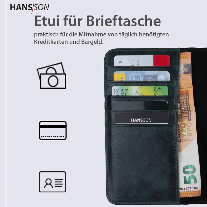 HANS/SON Hülle aus Echtleder mit Kartenfächern | iPhone 12 Pro Max Klapphülle in Petrol | Geldbeutel