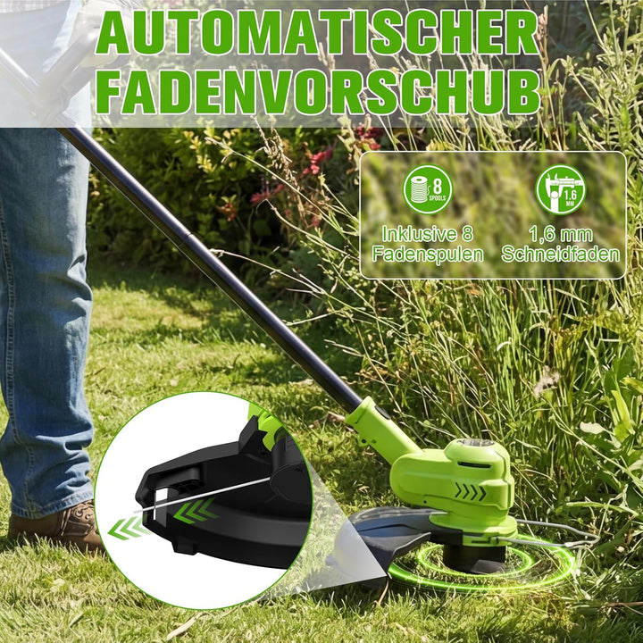 Akku Rasentrimmer 21V, 2-in-1 Rasentrimmer & Kantenschneider, LCD Akkuanzeige, 2×2000mAh Akku, Autom