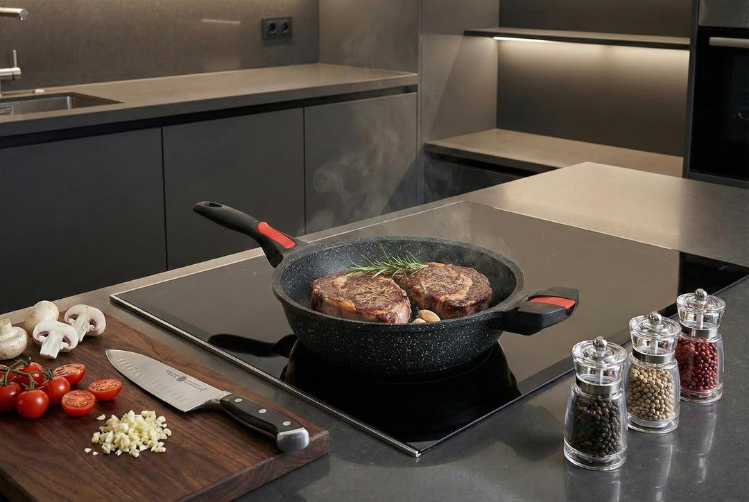 Linnuo Schmorpfanne Bratpfanne 24 cm hoher Rand, Aluguss Pfanne mit Deckel 24cm, abnehmbare Griffe,