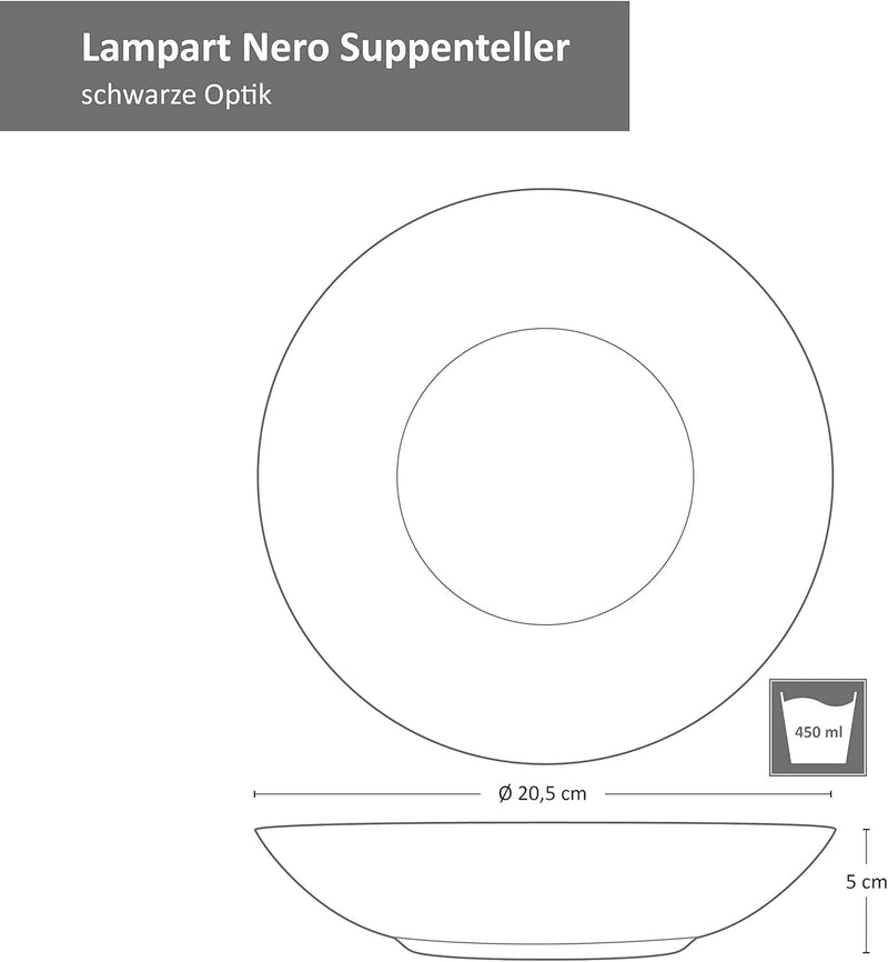 MamboCat Lampart Nero 6x Suppen-Teller schwarz I tiefe Teller Set für 6 Personen I Suppenteller tief