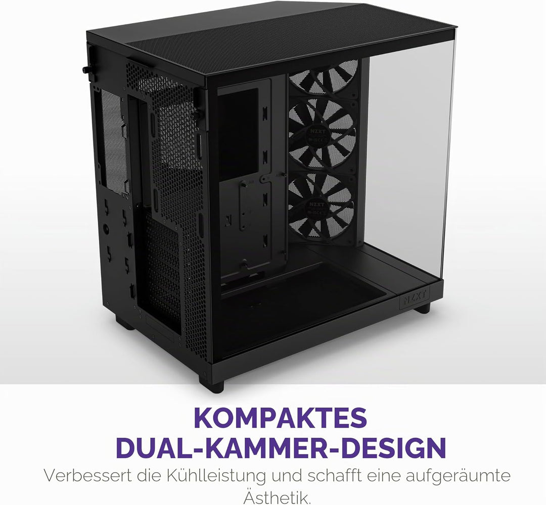 NZXT H6 Flow | CC-H61FB-01 | Kompaktes Mid-Tower Gehäuse mit zwei Kammern | Glaspaneele mit Panorama