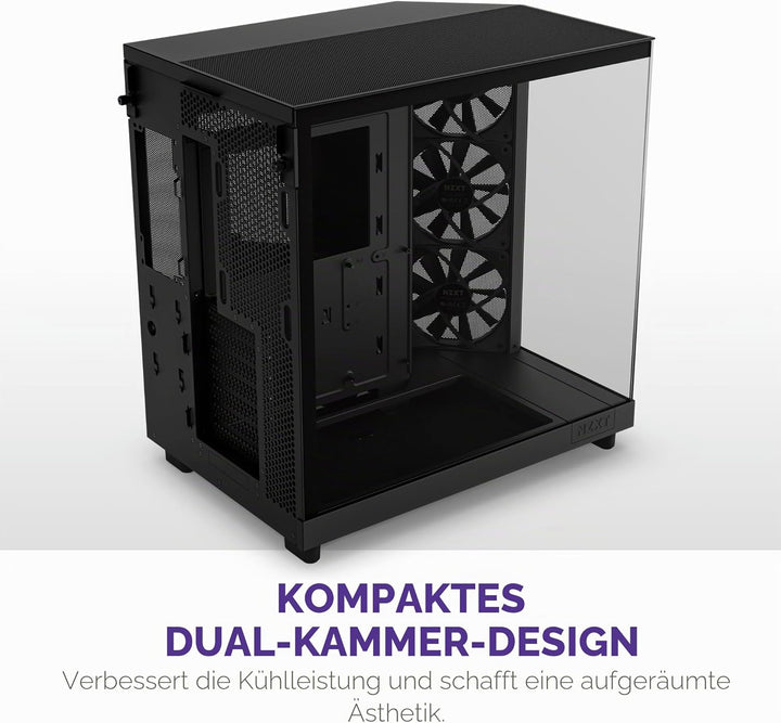 NZXT H6 Flow | CC-H61FB-01 | Kompaktes Mid-Tower Gehäuse mit zwei Kammern | Glaspaneele mit Panorama