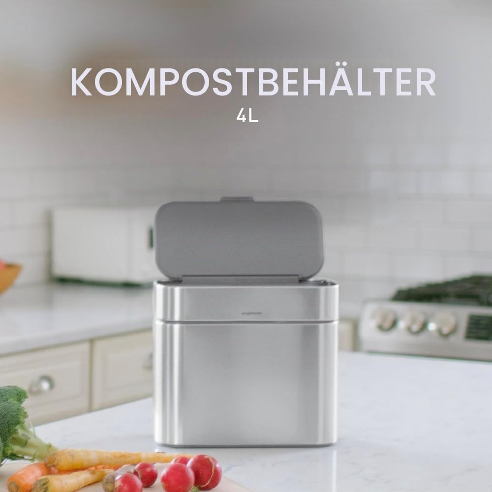 Simplehuman CW1645 4 Liter, Kompost-Caddy, Komposteimer für Küche mit Deckel, gebürsteter Stahl, 5 J