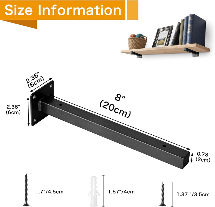 Regalhalterung, schwebend, robust, zur Wandmontage, Metall, 6 Stück 8 Inch schwarz, 8 Inch Schwarz