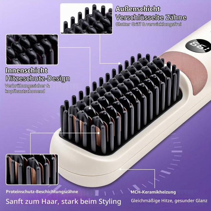 LOPHE Glättbürste, 2 in 1 Haarglätter Bürste mit LED Display, Hair Straightener Kabellos und Verbrüh