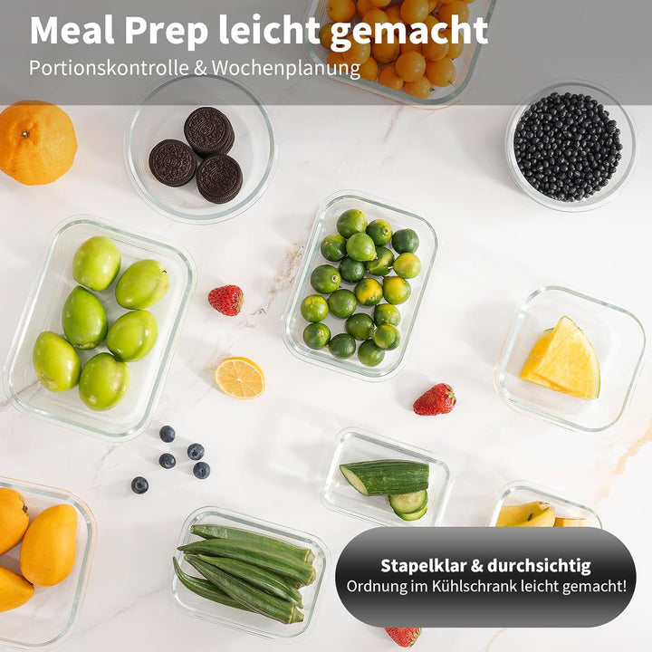 Meal Prep Boxen Glas, Glasdosen mit Deckel Set, Frischhaltedosen Glas mit Auslaufsicherer Verschluss