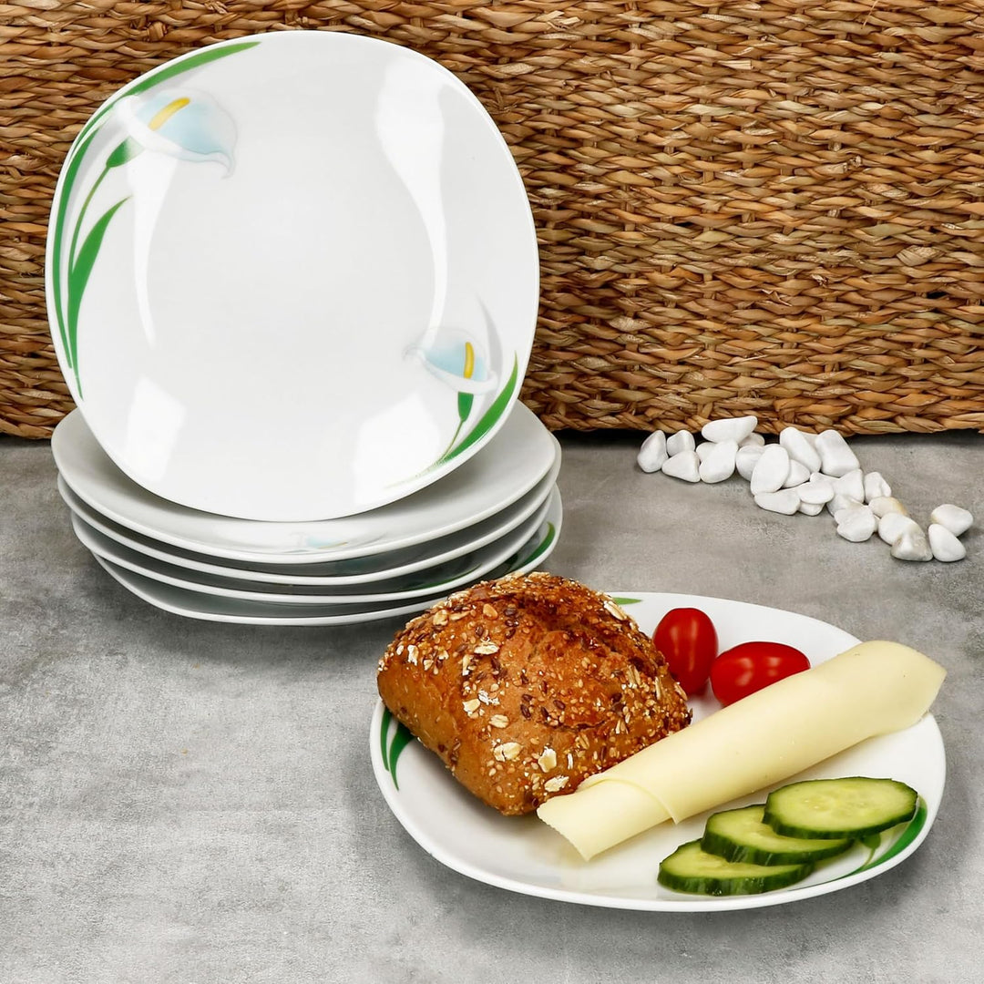 MamboCat 6er Set White Calla Kuchenteller I Florale stilvolle Porzellan-Frühstücksteller mit Blumen-