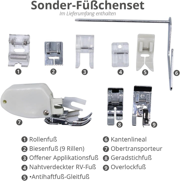 CARINA Nähmaschine De Luxe I 197 Stichprogramme I Einfädelhilfe I 7 Knopflöcher I Nähen ohne Fussanl