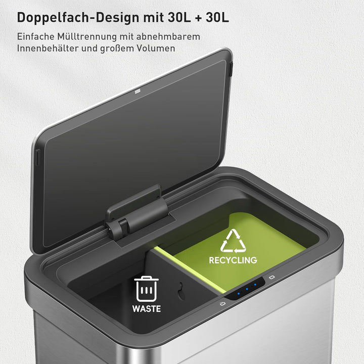 EKO NOVA Mülleimer mit Sensor, Automatischer Mülleimer 2 Fächer 2 x 30L, Abfalleimer Küche, Edelstah