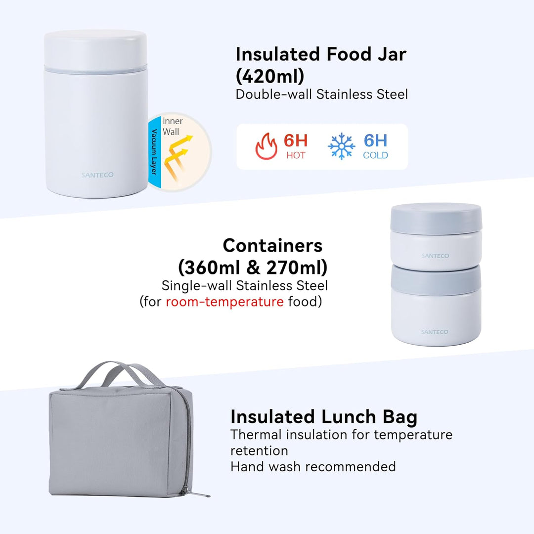 SANTECO Vakuumisolierter Suppen-Lunch-Set 1050ml - Isolierte Brotdose mit Löffel & Tragetasche - Sti