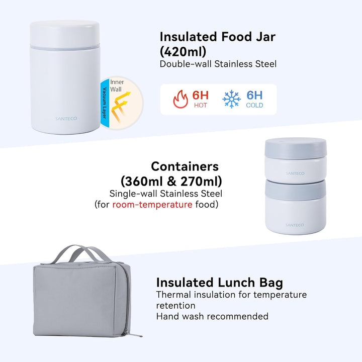 SANTECO Vakuumisolierter Suppen-Lunch-Set 1050ml - Isolierte Brotdose mit Löffel & Tragetasche - Sti