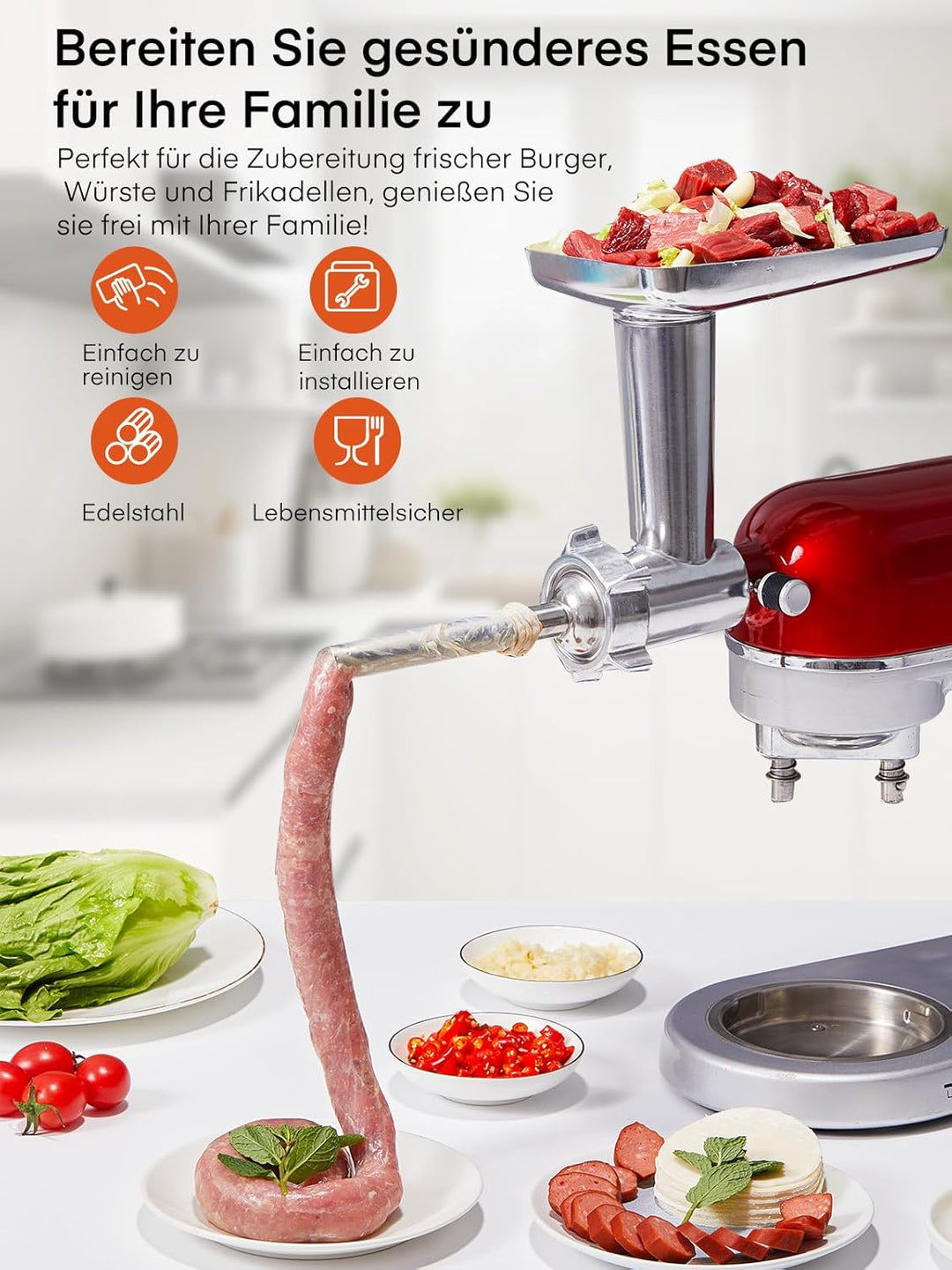 FOHERE Edelstahl Fleischwolf Aufsatz für Kitchenaid Zubehör, Standmixer, Fleischwolf Zubehör Inklusi
