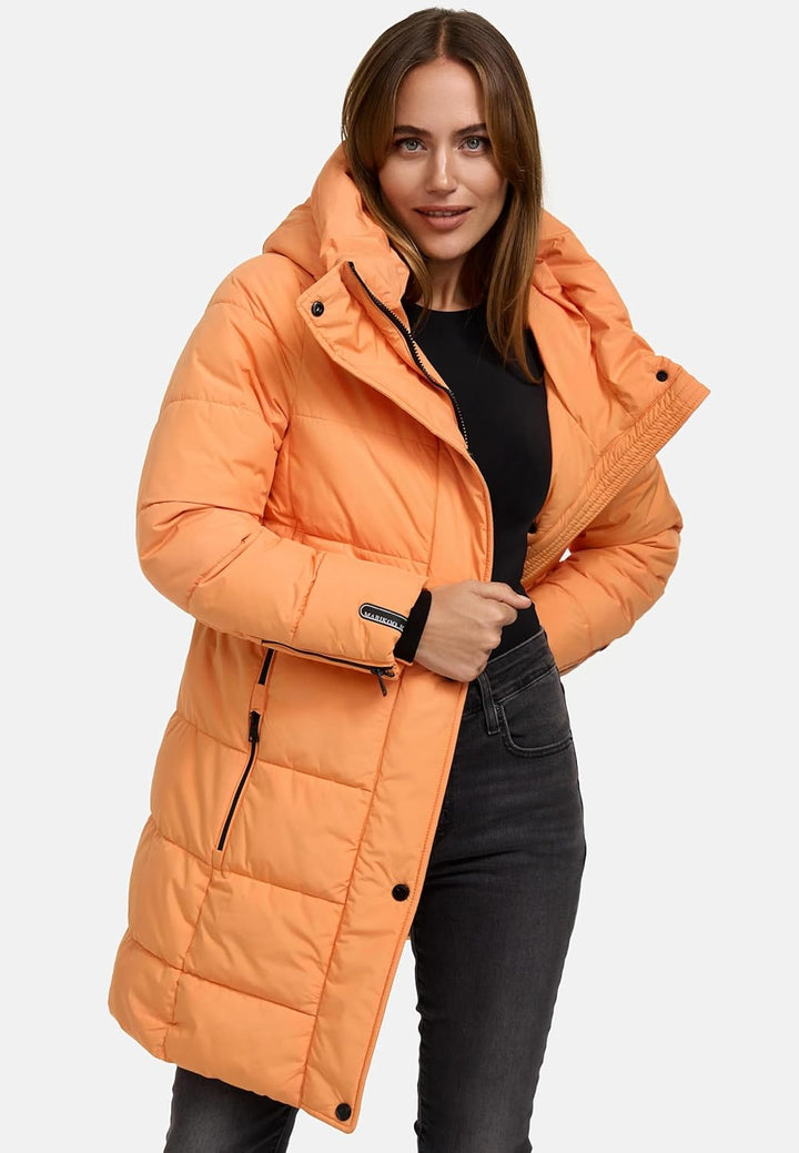 MARIKOO Damen Wintermantel Warmer Steppmantel lang mit Kapuze und hohem Kragen Karumikoo XVI XS-3XL