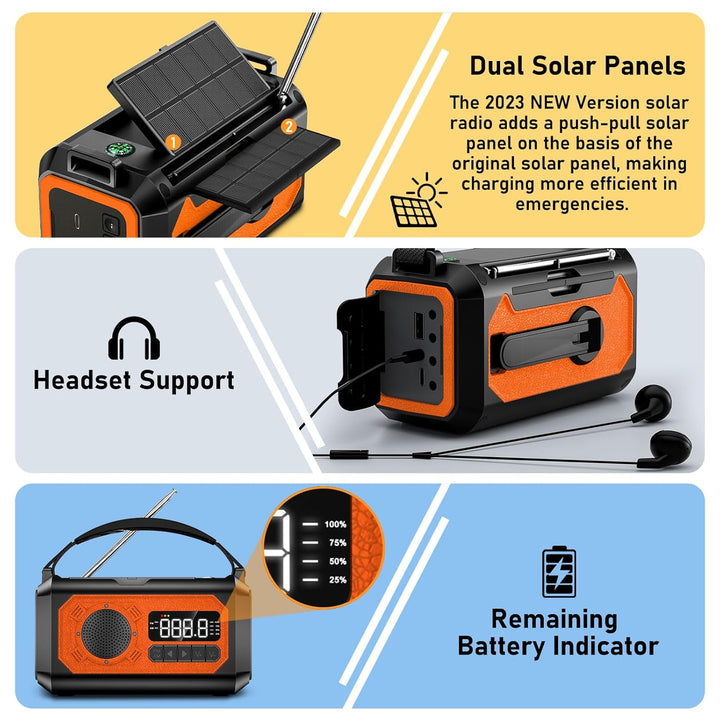 12000mAh Kurbelradio mit Handyladefunktion, Solar Radio mit 2 Sonnenkollektoren, AM/FM Tragbar Notfa