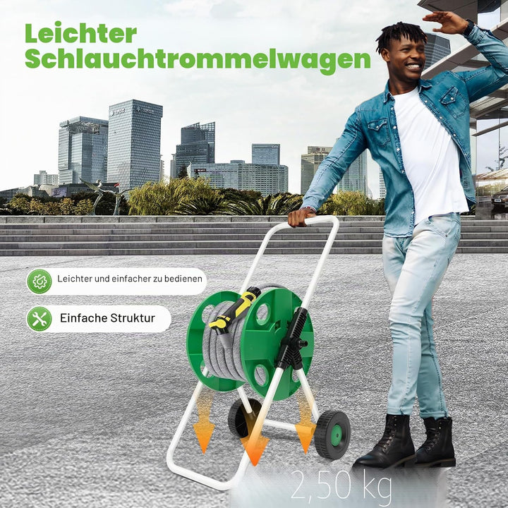 1/2 Zoll Schlauchwagen bis zu 50m, Gartenschlauch mit 2 Räder, Handwippe, Wasserschlauch für Garten